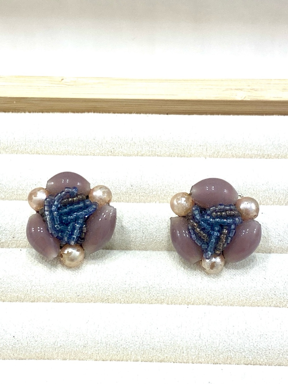 Vintage Signed Japan Lavender Pearl Accent Cluster Stud Clip-On Earrings